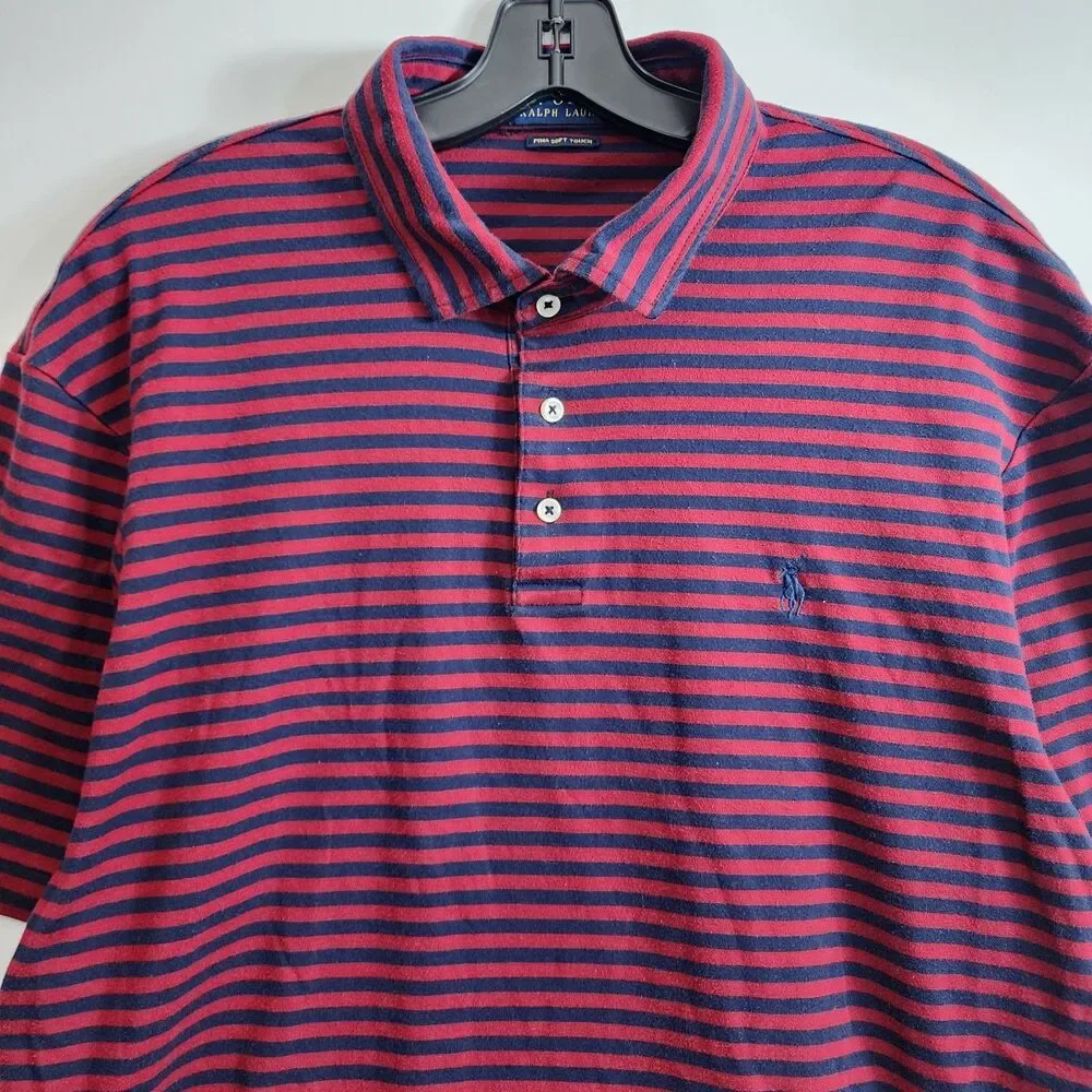 RALPH LAUREN POLO Shirt Mens XXL Blue Red Stripes PIMA SOFT TOUCH Casual Preppy